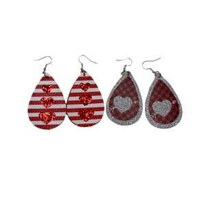 Earrings Red Heart Love Earrings Valentines Faux Leather Dangle Red White B1